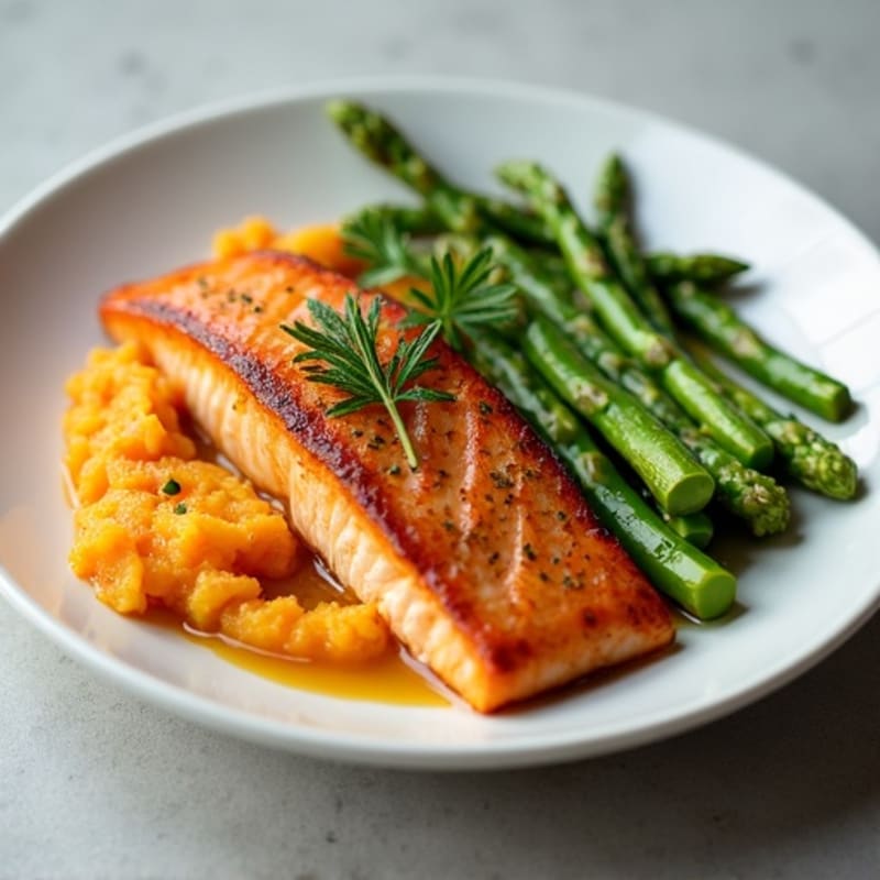 Seared Salmon with Steamed Asparagus and Sweet Potato Mash