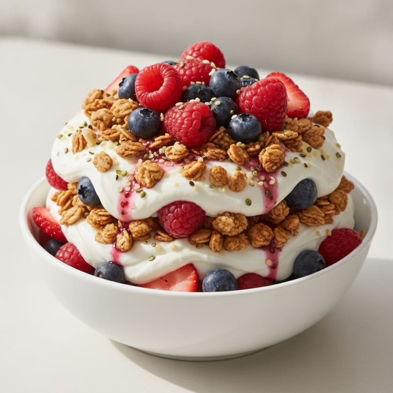 Silky Greek Yogurt Parfait with Protein Granola and Mixed Berries