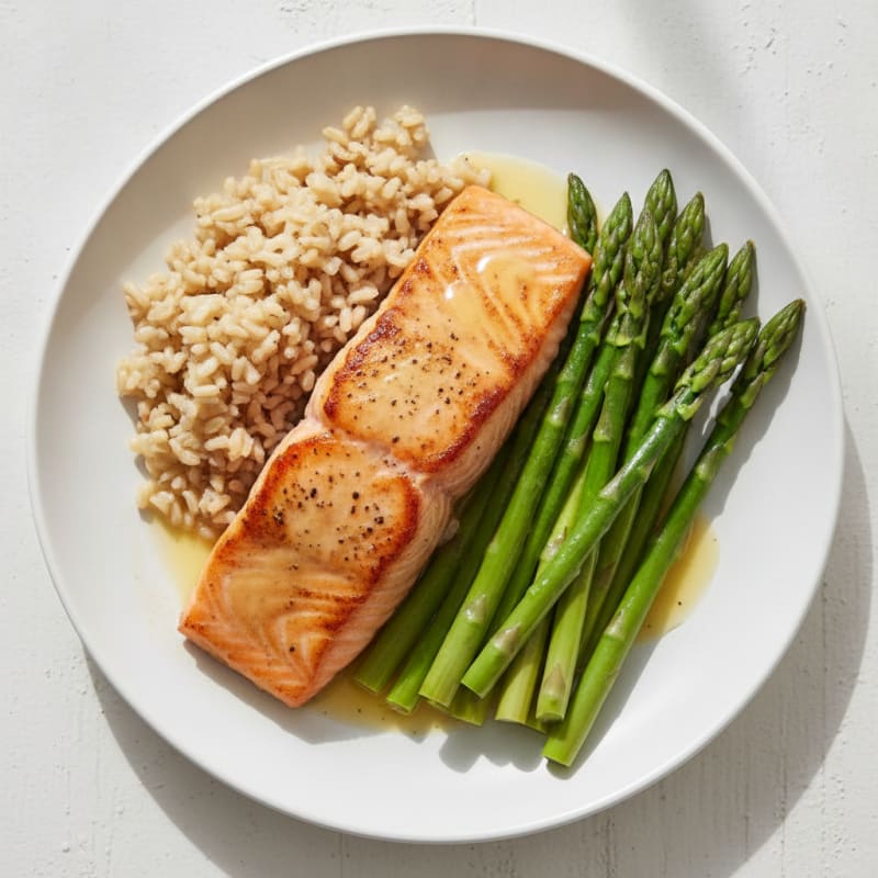 Seared Salmon Fillet with Steamed Asparagus and Brown Rice