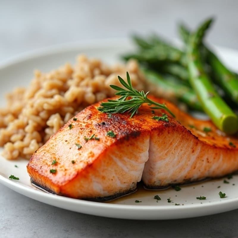 Seared Salmon Fillet with Steamed Asparagus and Brown Rice