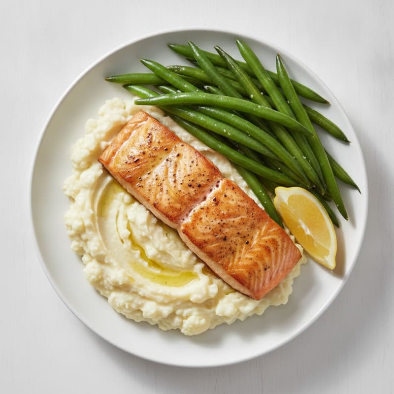 Seared Salmon with Steamed Green Beans and Garlic Mashed Cauliflower