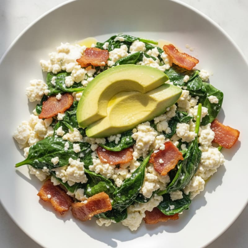 Cottage Cheese Egg White Scramble with Spinach and Turkey Bacon