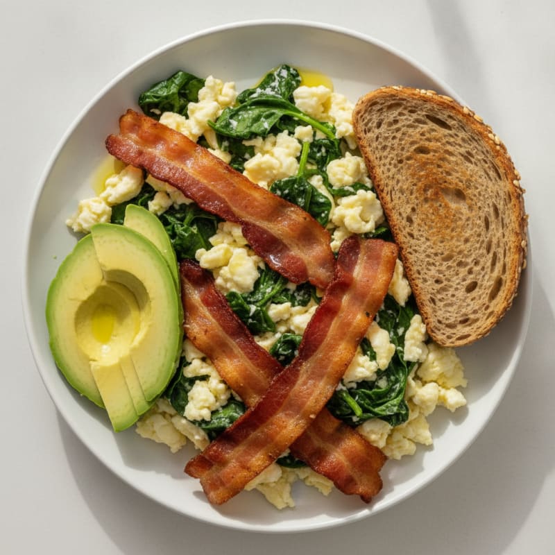 Crispy Turkey Bacon and Egg White Scramble with Sautéed Spinach