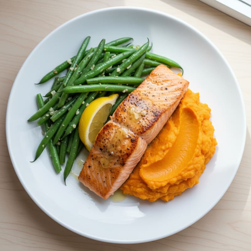 Seared Salmon Fillet with Garlic Green Beans and Sweet Potato Mash