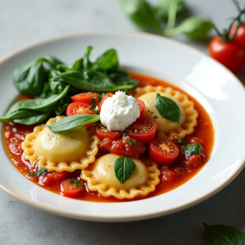 Spinach Ravioli with Roasted Tomato Sauce and Sautéed Greens