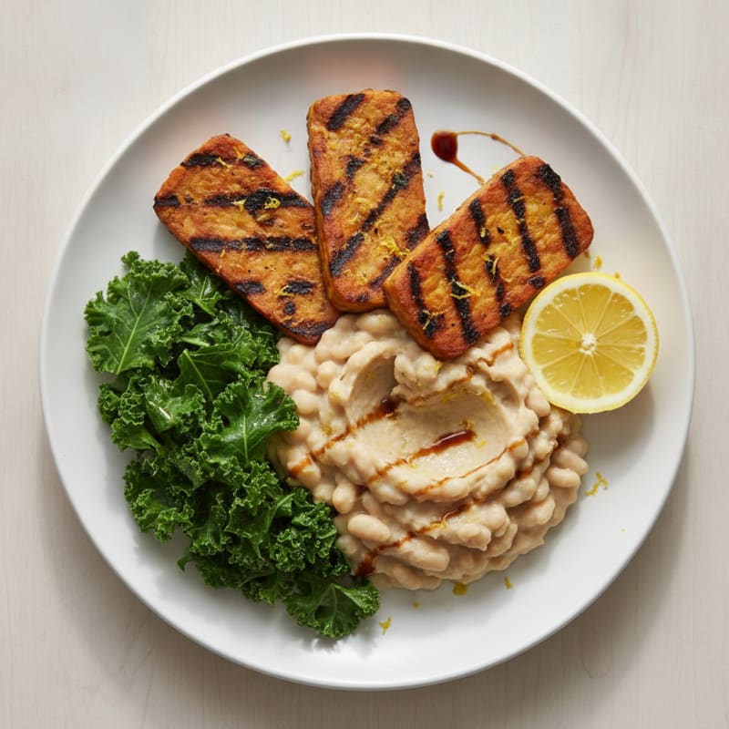 Grilled Tempeh with Creamy White Bean Mash and Steamed Greens