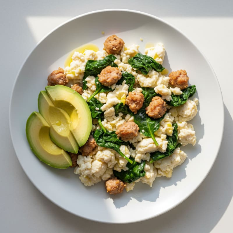 Scrambled Egg Whites with Turkey Sausage and Sautéed Spinach
