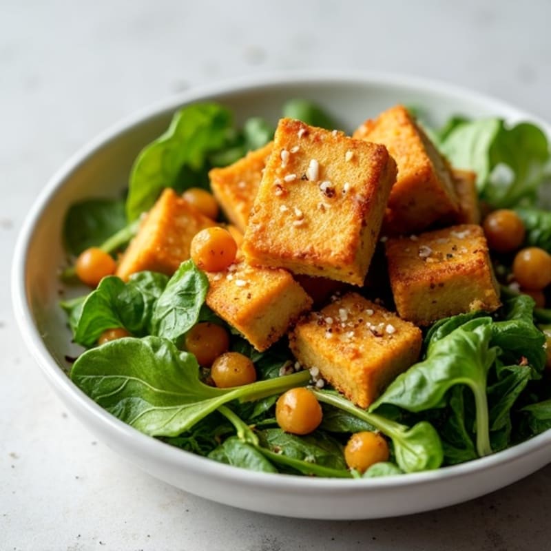 Crispy Tofu with Roasted Chickpeas, Fresh Greens, and Lemon Vinaigrette