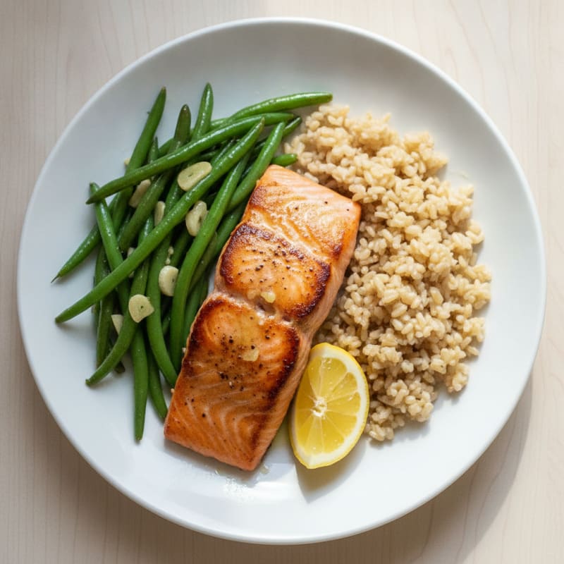 Seared Salmon with Garlic Green Beans and Brown Rice