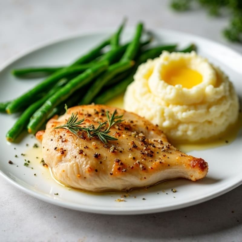 Garlic Herb Roasted Chicken with Buttery Mashed Potatoes and Tender Green Beans