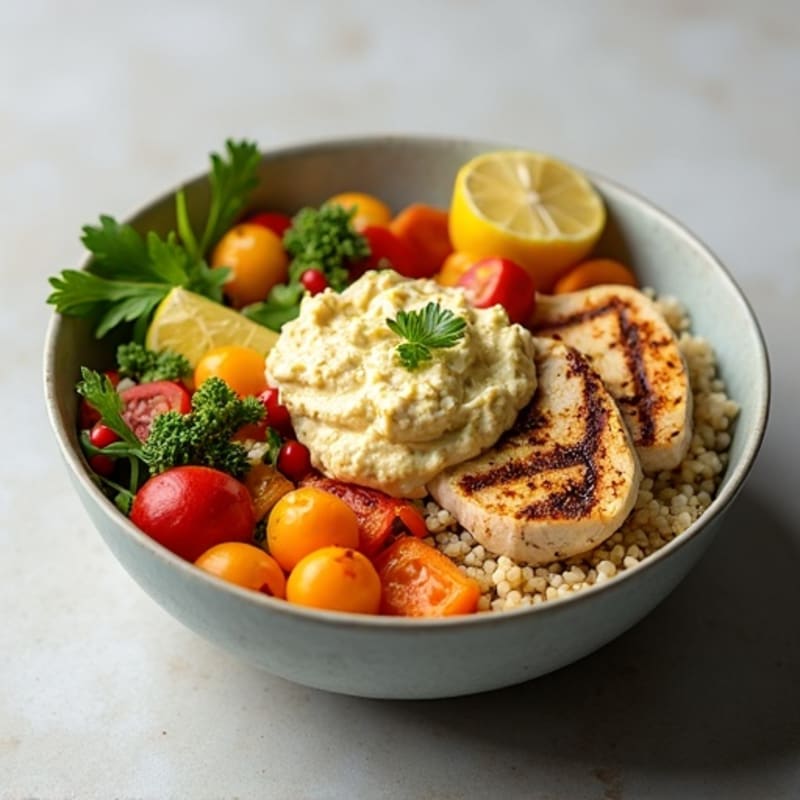 Creamy Hummus Power Bowl with Lemon-Herb Chicken and Roasted Vegetables