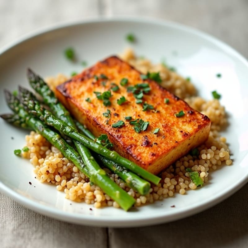 Crispy Baked Tofu with Roasted Asparagus and Quinoa