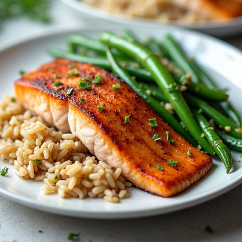 Seared Salmon with Garlic Green Beans and Brown Rice