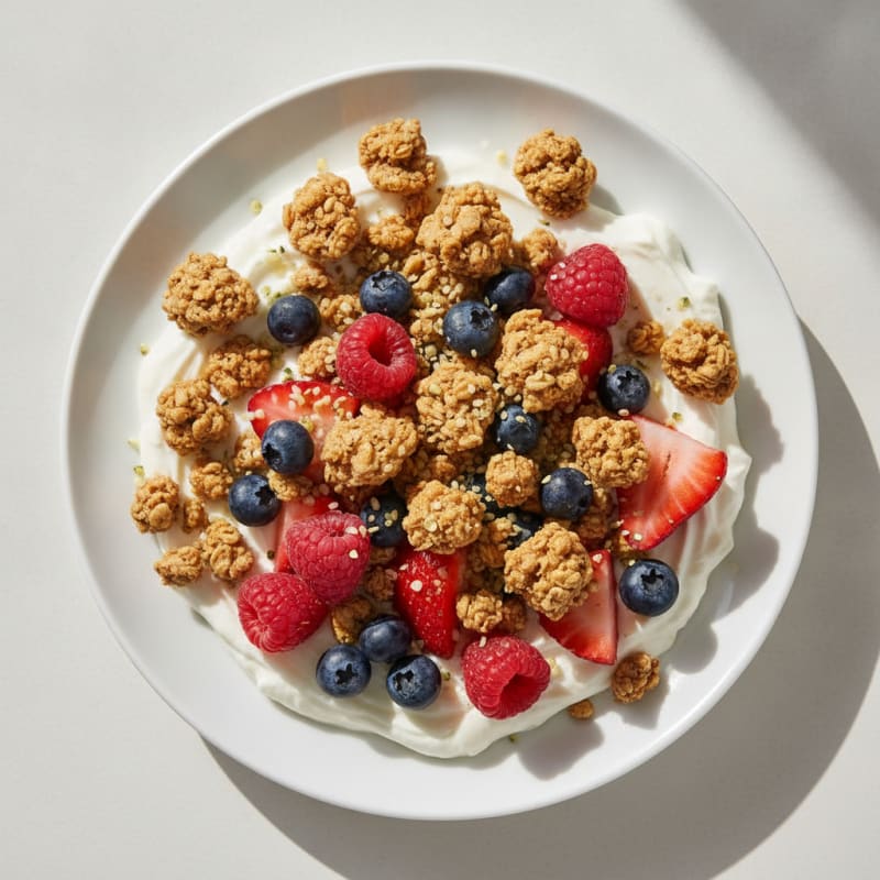 Silky Greek Yogurt Bowl with Protein Granola and Mixed Berries