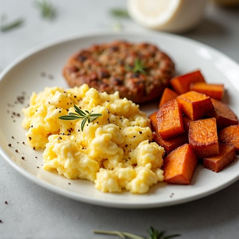 Egg White and Turkey Sausage Scramble with Roasted Sweet Potatoes