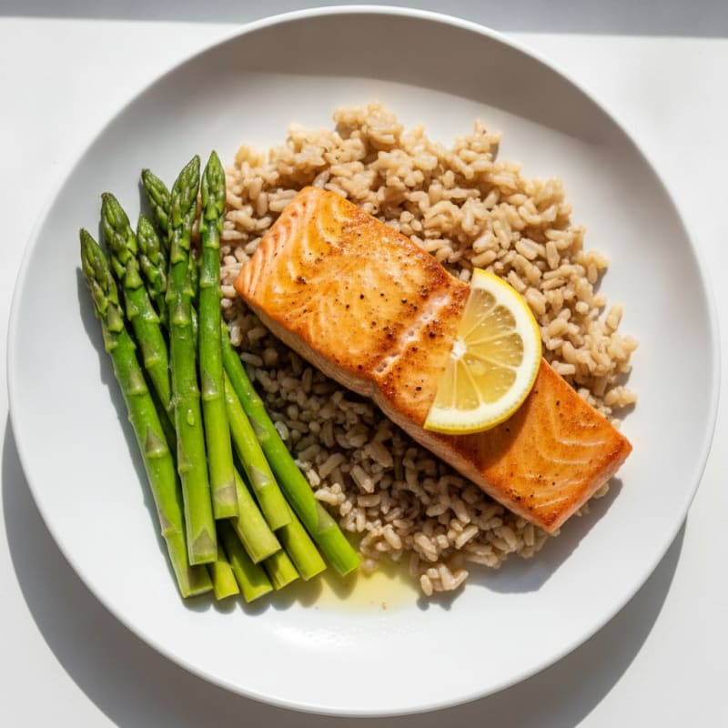 Seared Salmon with Steamed Asparagus and Brown Rice