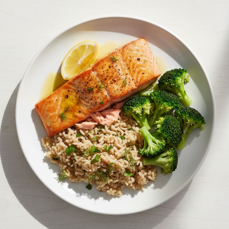 Seared Salmon with Herb Rice Pilaf and Steamed Broccoli
