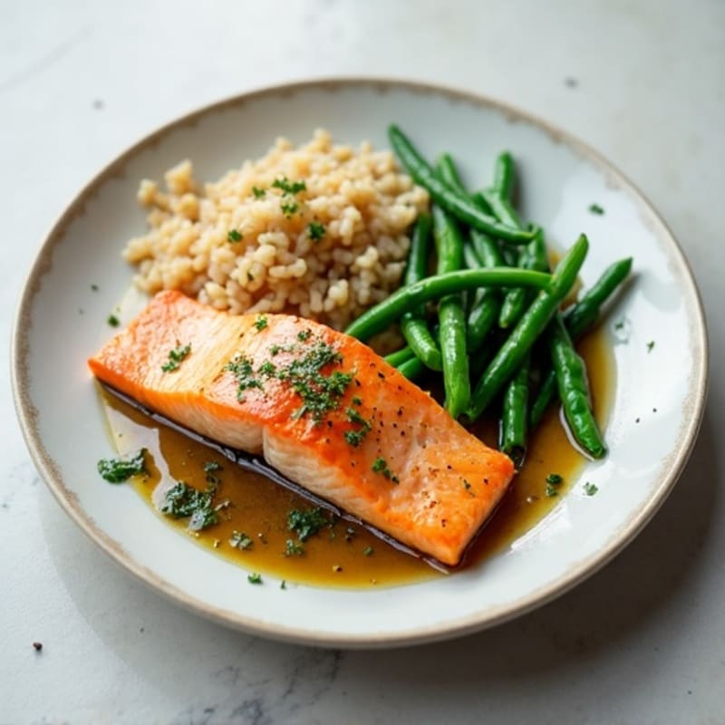 Seared Salmon with Garlic Green Beans and Brown Rice