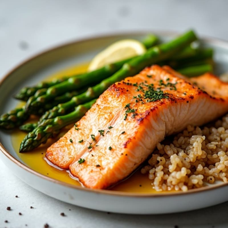 Seared Salmon with Steamed Asparagus and Brown Rice