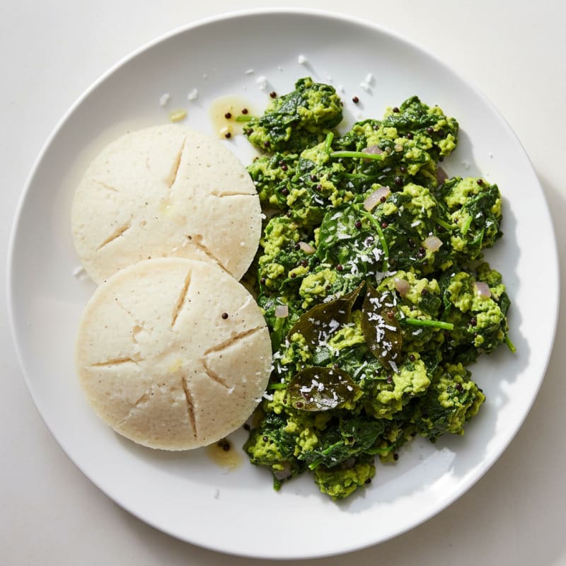 Egg and Spinach Stir-Fry with Steamed Idli