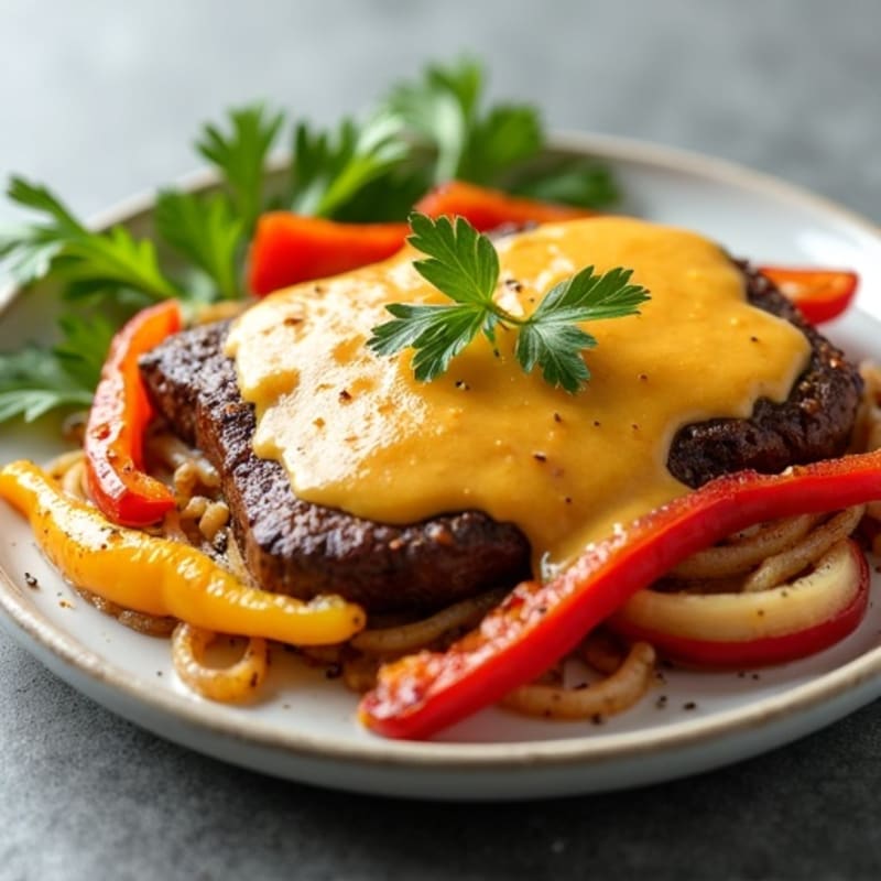 Skillet Seared Lean Beef with Sautéed Bell Peppers, Onions, and Creamy Cheese Sauce