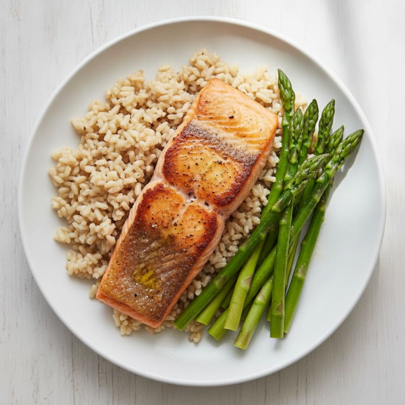 Seared Salmon with Steamed Asparagus and Brown Rice
