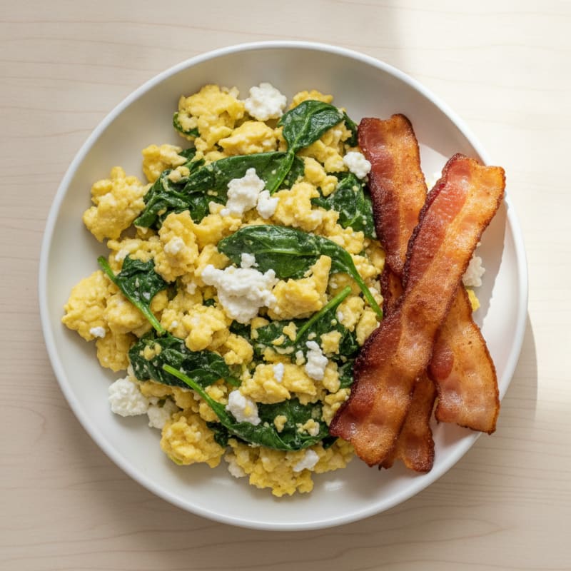 Cottage Cheese Egg Scramble with Spinach and Turkey Bacon