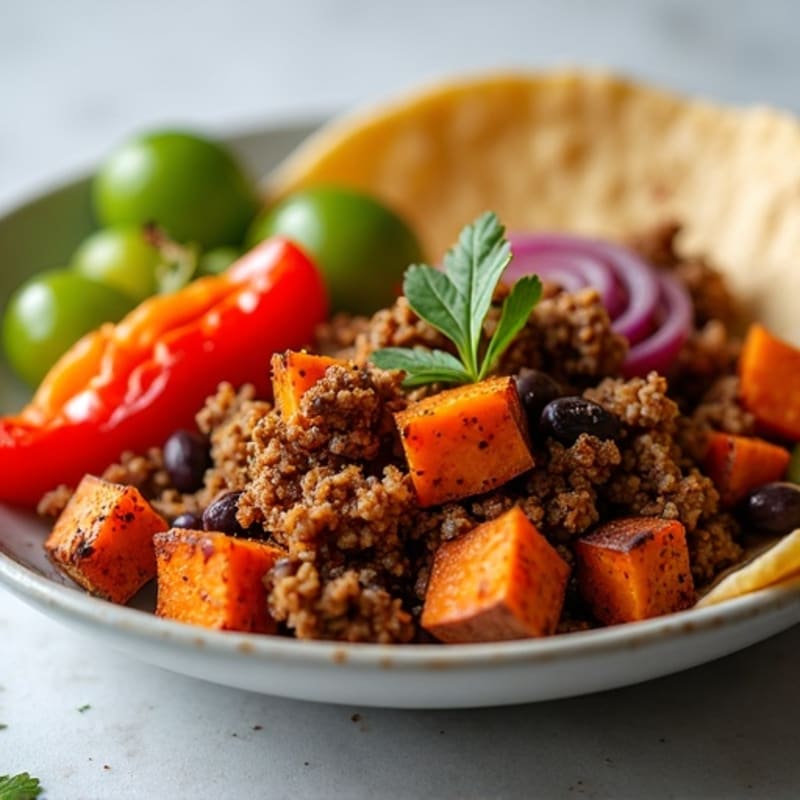 Crispy Taco Meat with Roasted Sweet Potatoes and Peppers