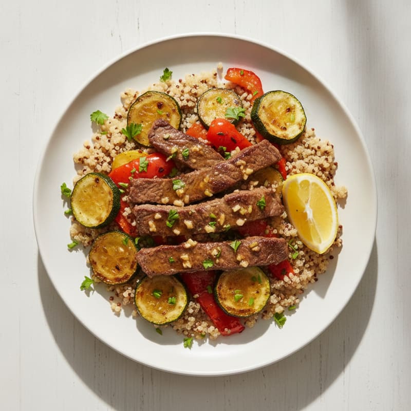 Seared Beef Strips with Roasted Vegetables and Quinoa