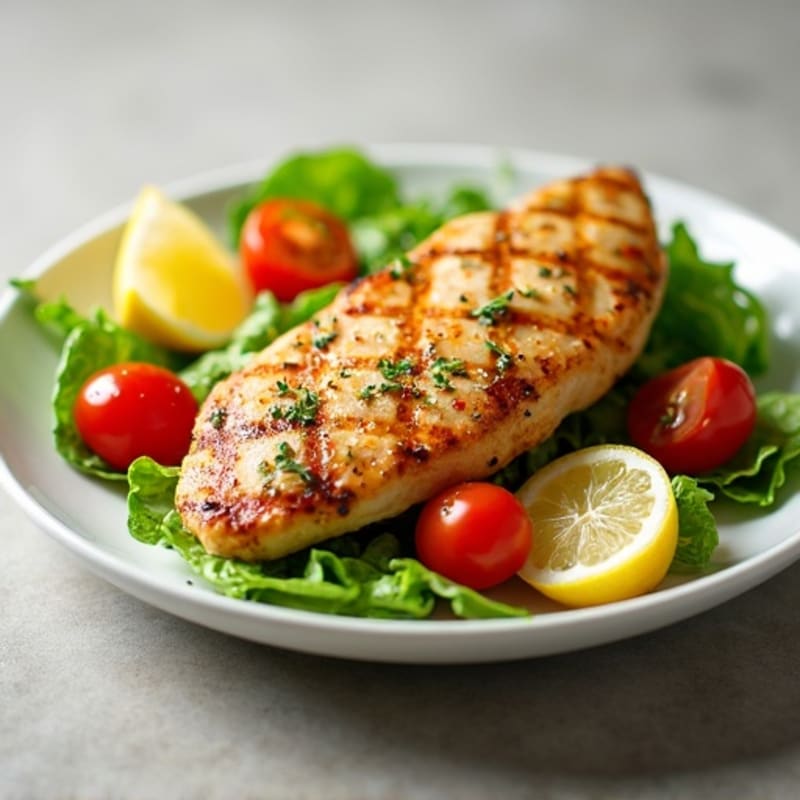 Grilled Chicken Breast with Crisp Romaine and Cherry Tomato Salad