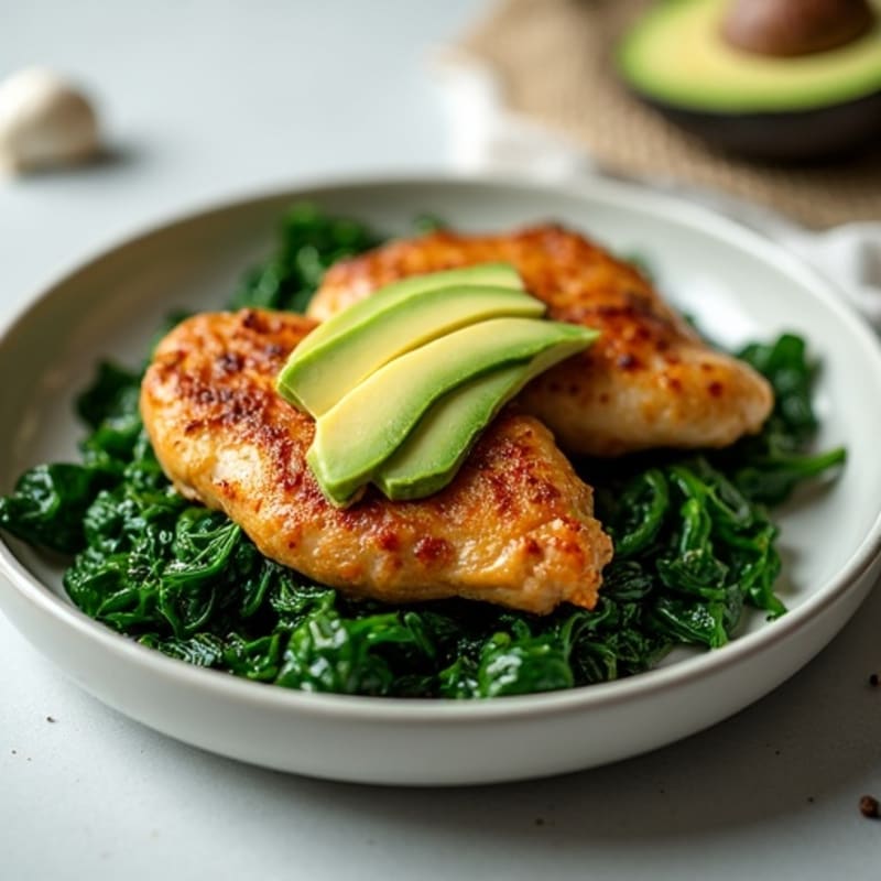Crispy Pan-Seared Chicken Thighs with Garlicky Spinach and Creamy Avocado