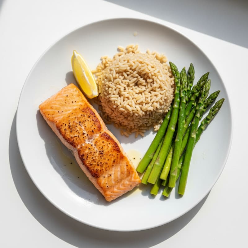 Seared Salmon with Steamed Asparagus and Brown Rice