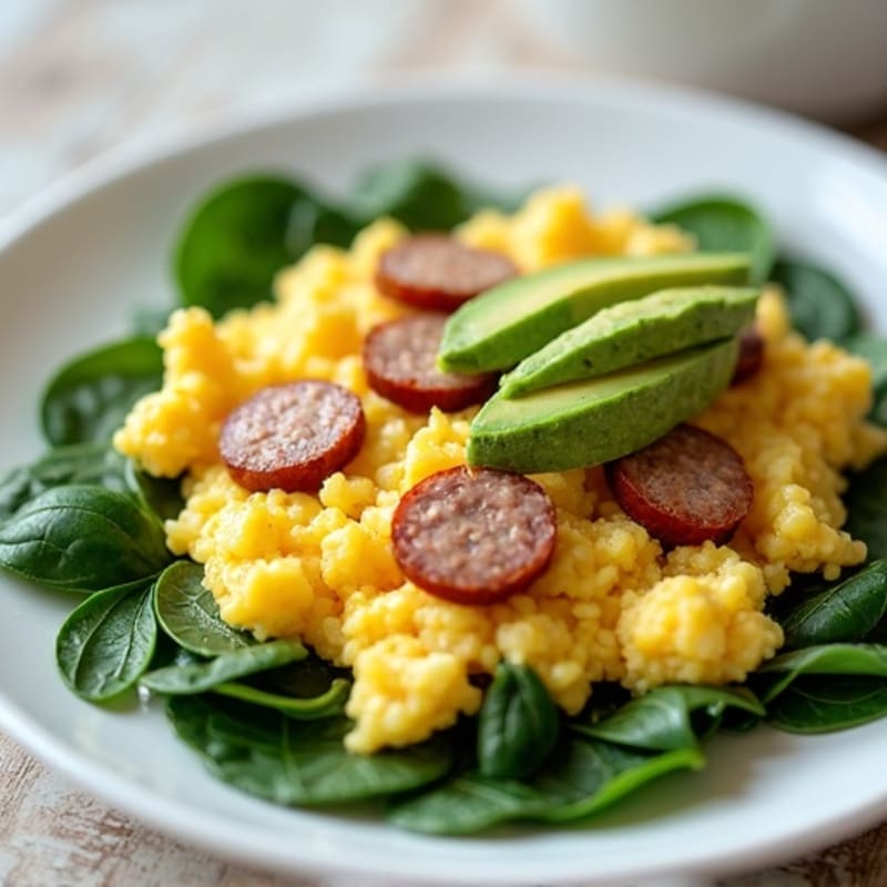 Egg White Scramble with Turkey Sausage and Sautéed Spinach