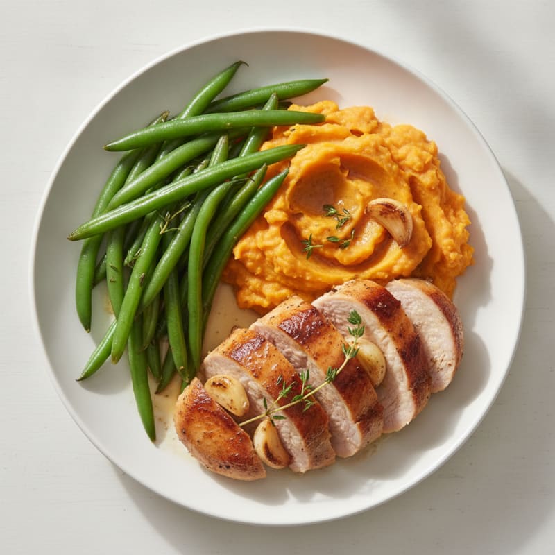 Seared Turkey Breast with Steamed Green Beans and Mashed Sweet Potato