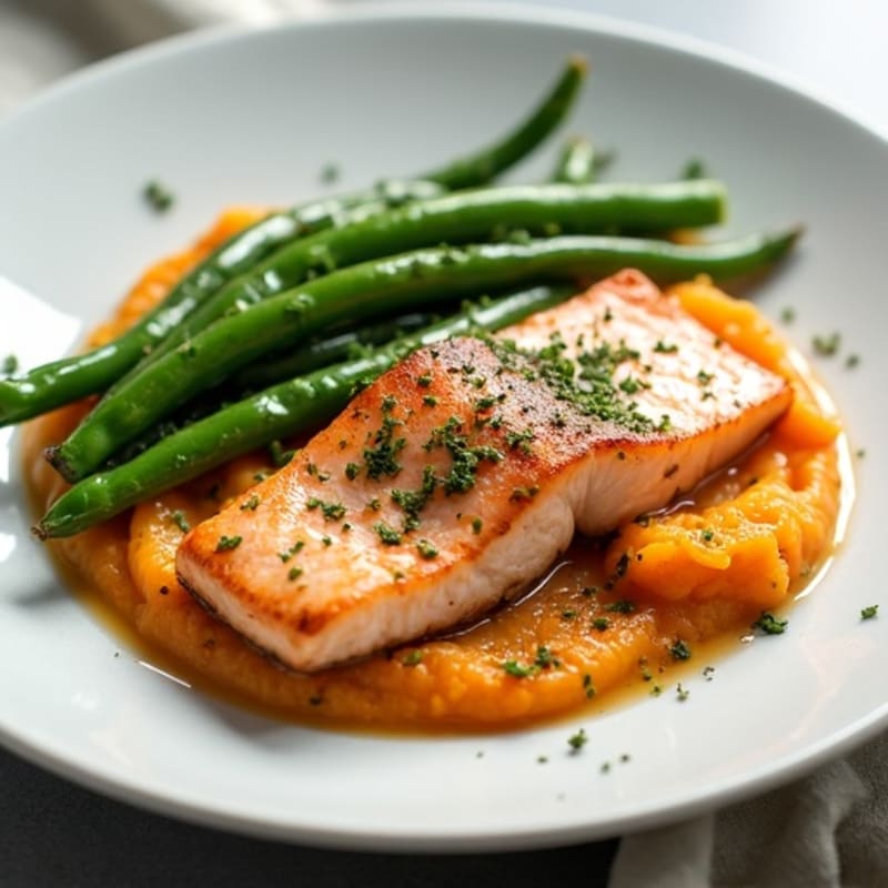Seared Salmon with Garlic Green Beans and Sweet Potato Mash