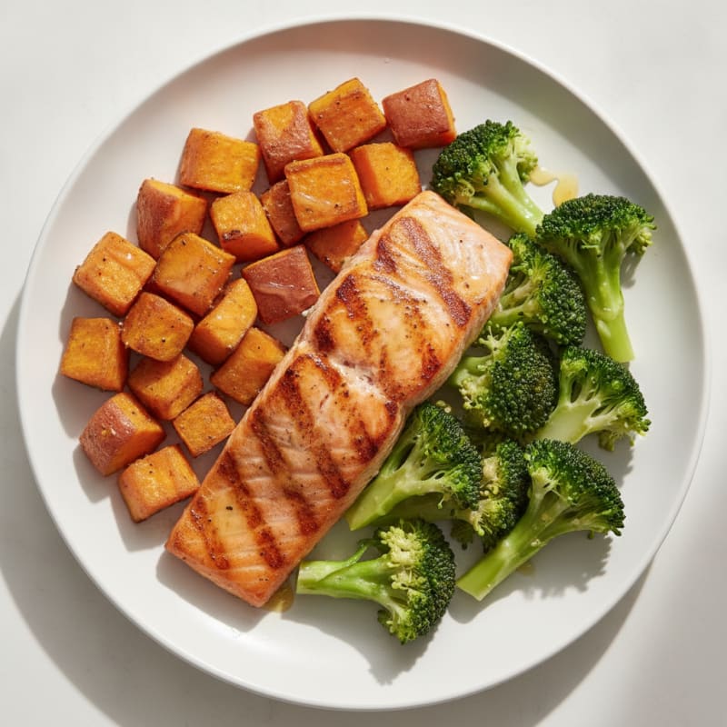 Seared Salmon with Roasted Sweet Potato and Steamed Broccoli