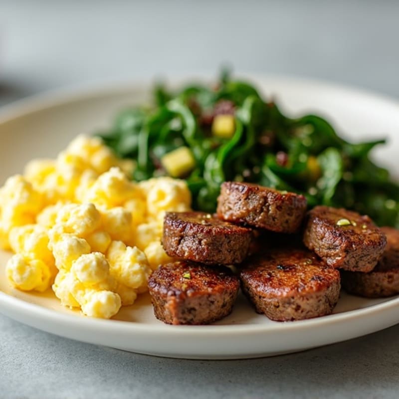 Juicy Steak Bites with Scrambled Eggs Avocado Radish Cottage Cheese and Sautéed Spinach