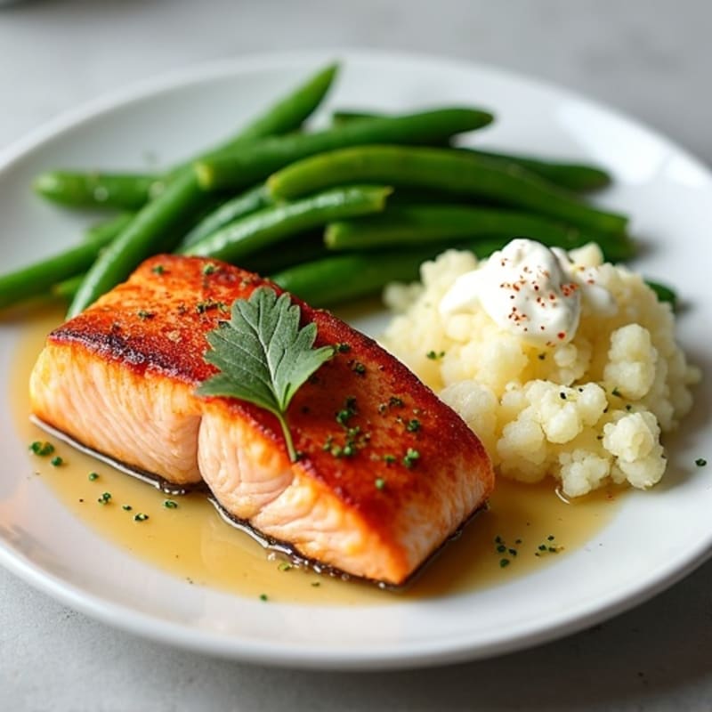 Seared Salmon with Garlic Green Beans and Mashed Cauliflower