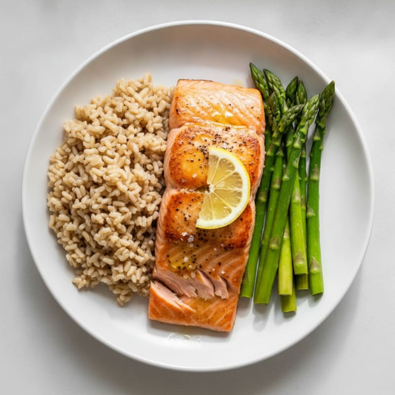 Seared Salmon with Steamed Asparagus and Brown Rice