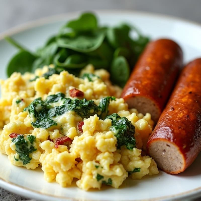 Egg White Spinach Scramble with Turkey Sausage and Roasted Sweet Potatoes
