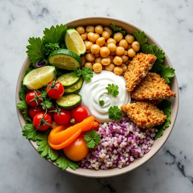Crispy Chickpea and Roasted Vegetable Buddha Bowl with Creamy Lemon-Herb Dressing