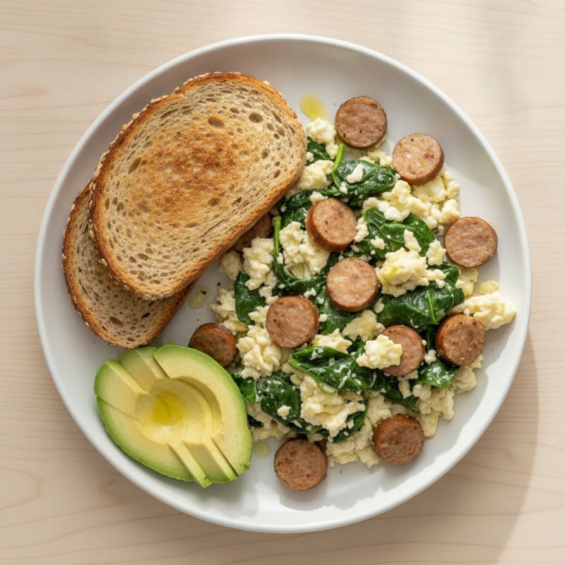 Egg White and Spinach Scramble with Turkey Sausage