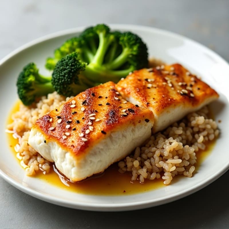 Seared Miso-Glazed Cod with Steamed Broccoli and Brown Rice