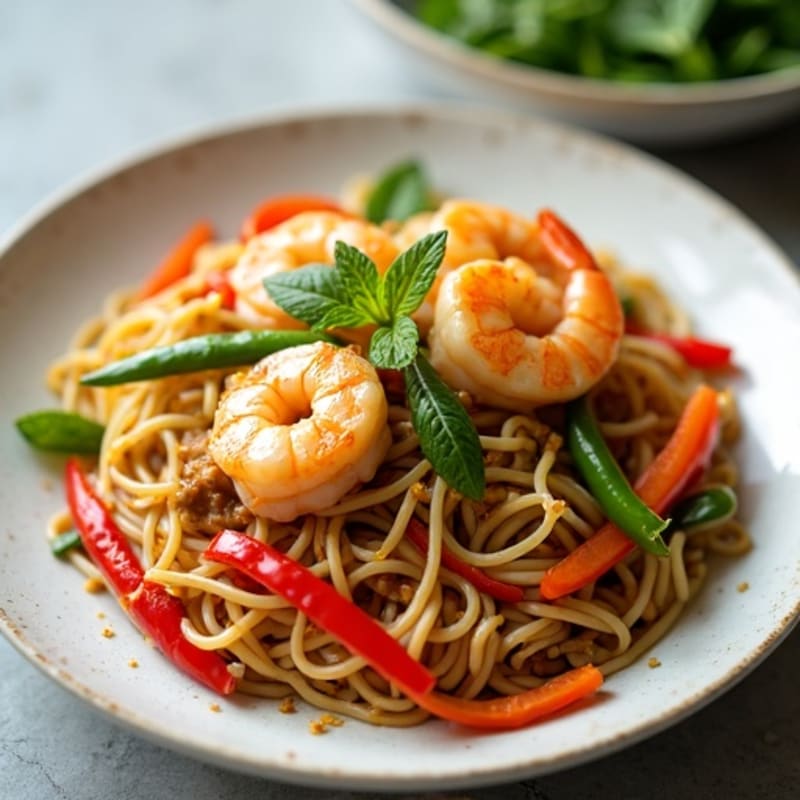 Sautéed Shrimp with Savory Peanut Noodles and Crunchy Veggies