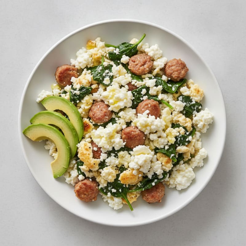 Egg White and Turkey Sausage Scramble with Spinach and Cottage Cheese