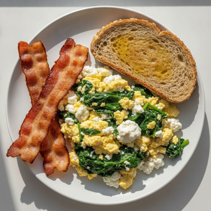 Cottage Cheese Egg Scramble with Spinach and Turkey Bacon