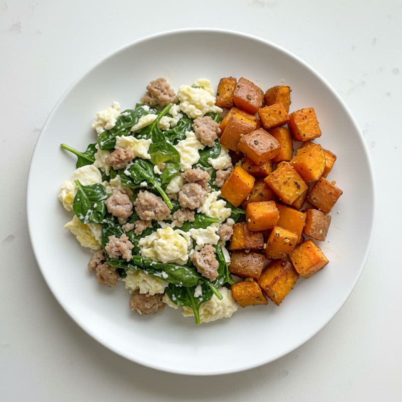 Egg White and Turkey Sausage Scramble with Spinach and Roasted Sweet Potatoes