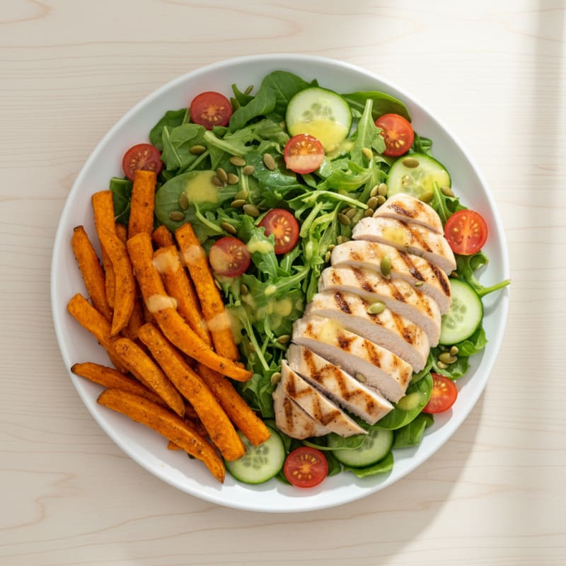 Grilled Chicken Salad with Roasted Sweet Potato Fries
