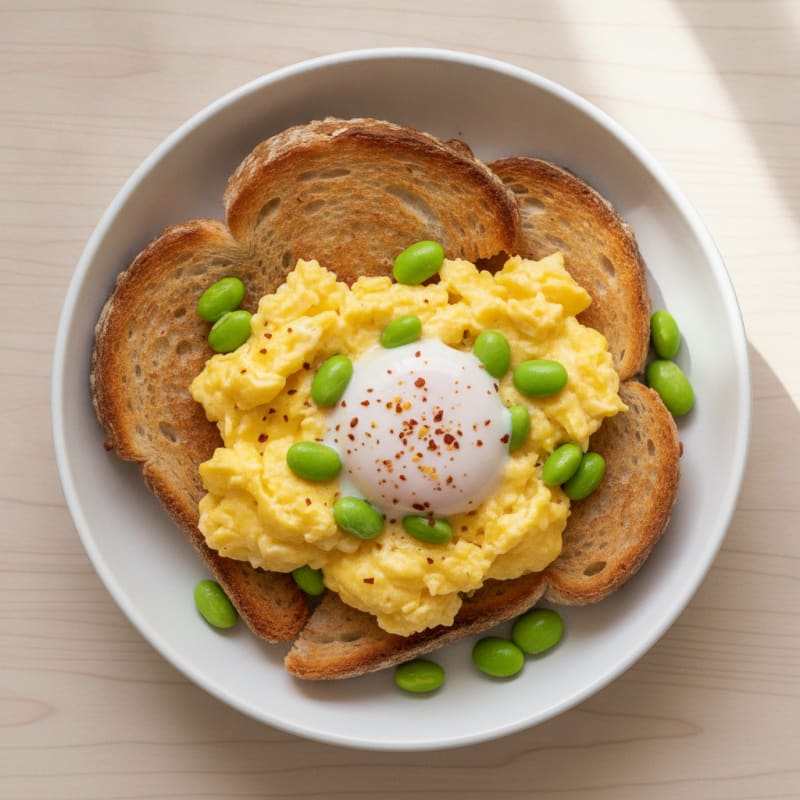 Crispy Sourdough Toast with Scrambled Eggs and Edamame