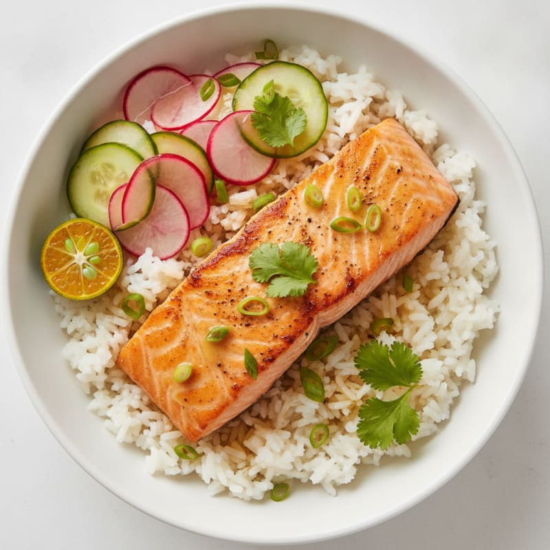 Seared Salmon Rice Bowl with Pickled Vegetables